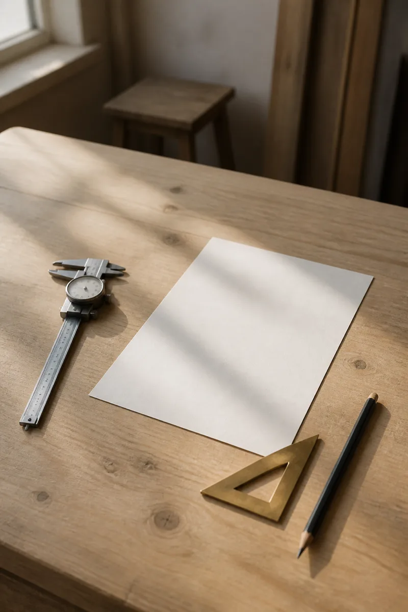 Steel dial calipers, a single blank sheet of paper, a brass set square and a graphite pencil laid out on a pale oak workbench, lit by low morning daylight from a window.
